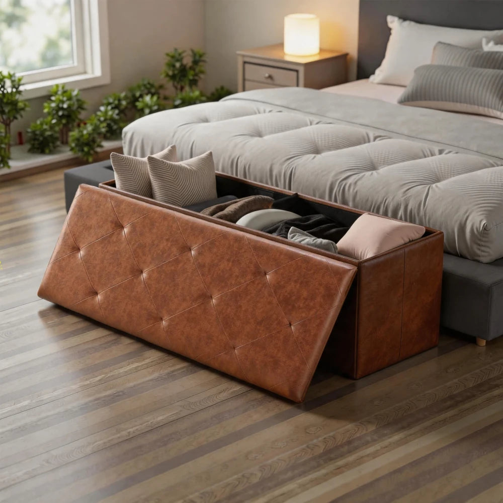 Tufted Faux Leather Storage Ottoman