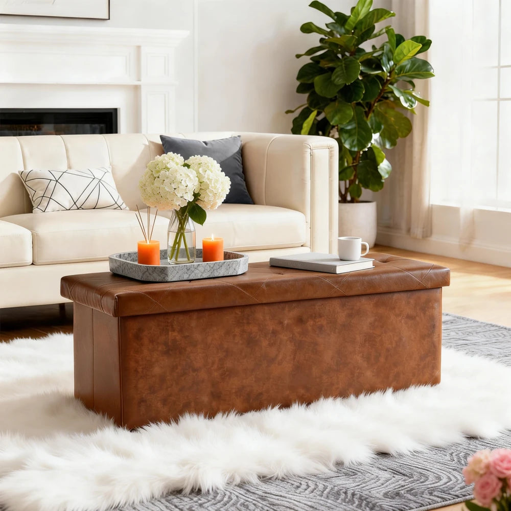 Tufted Faux Leather Storage Ottoman