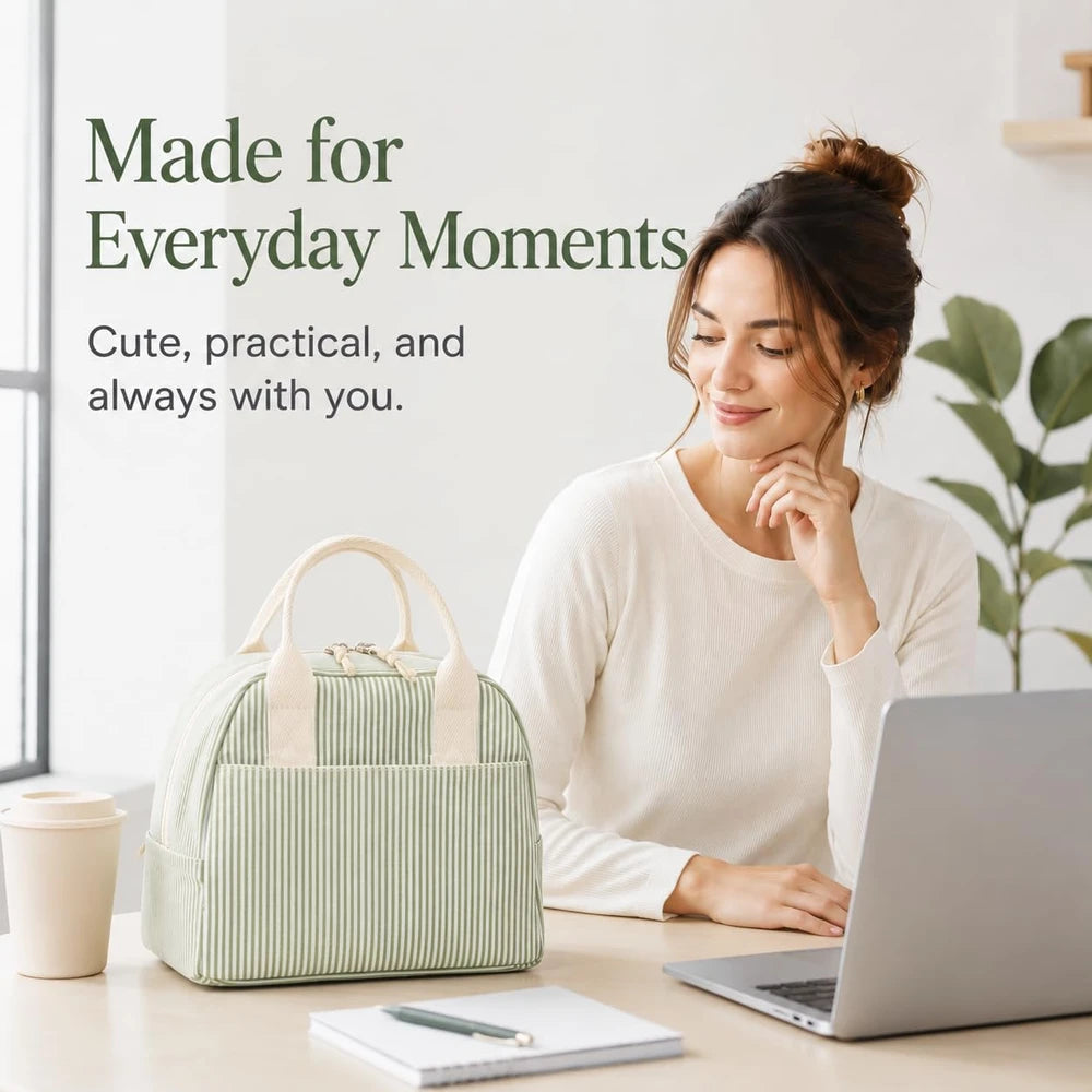 Green Striped Insulated Lunch Tote