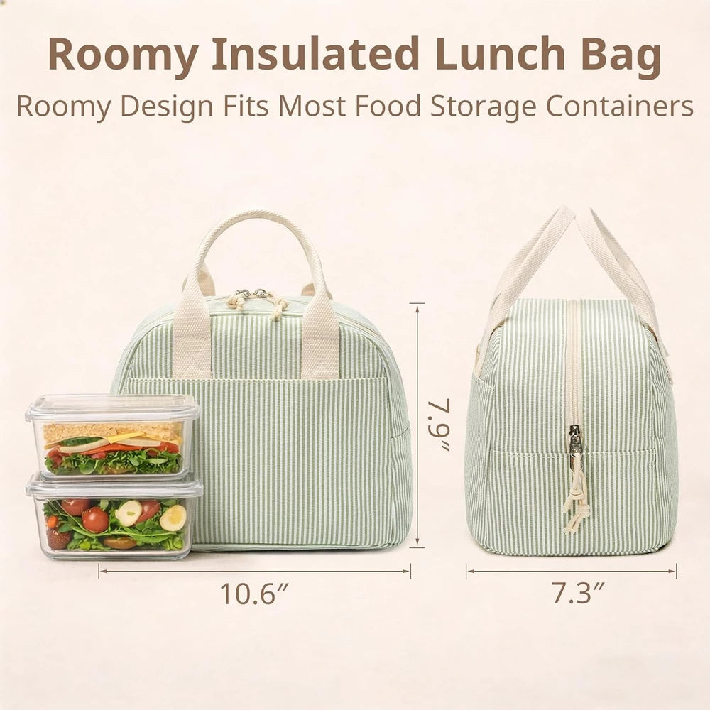 Green Striped Insulated Lunch Tote