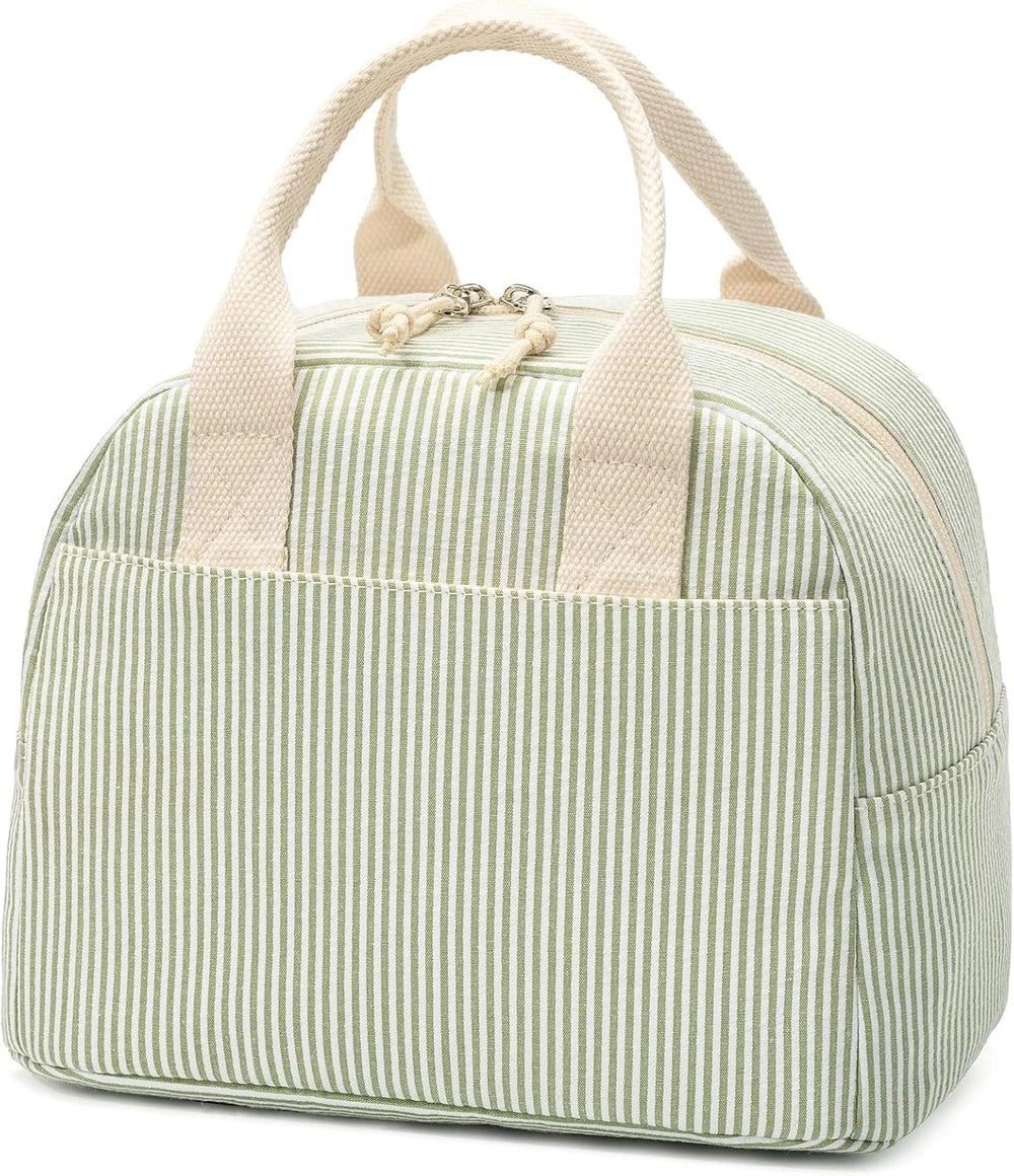 Green Striped Insulated Lunch Tote