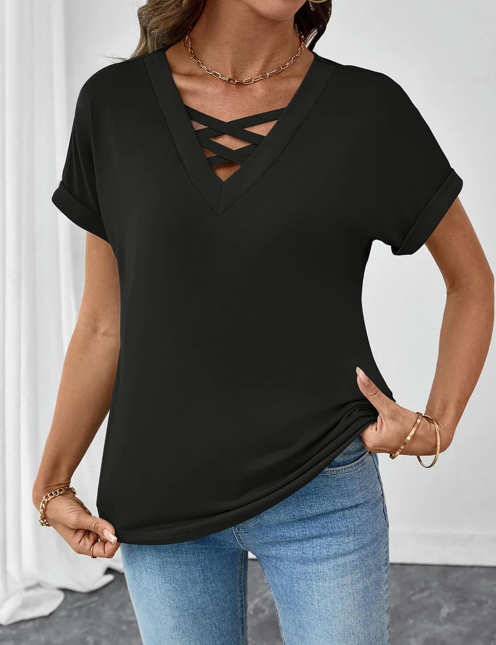 Rapbin V Neck Criss Cross Tee