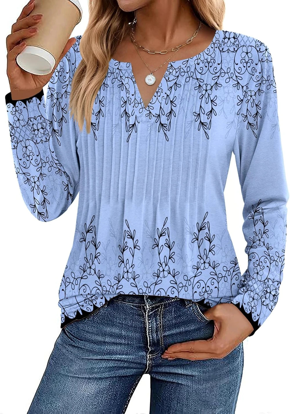 Zeagoo V-Neck Pleated Tunic Blouse