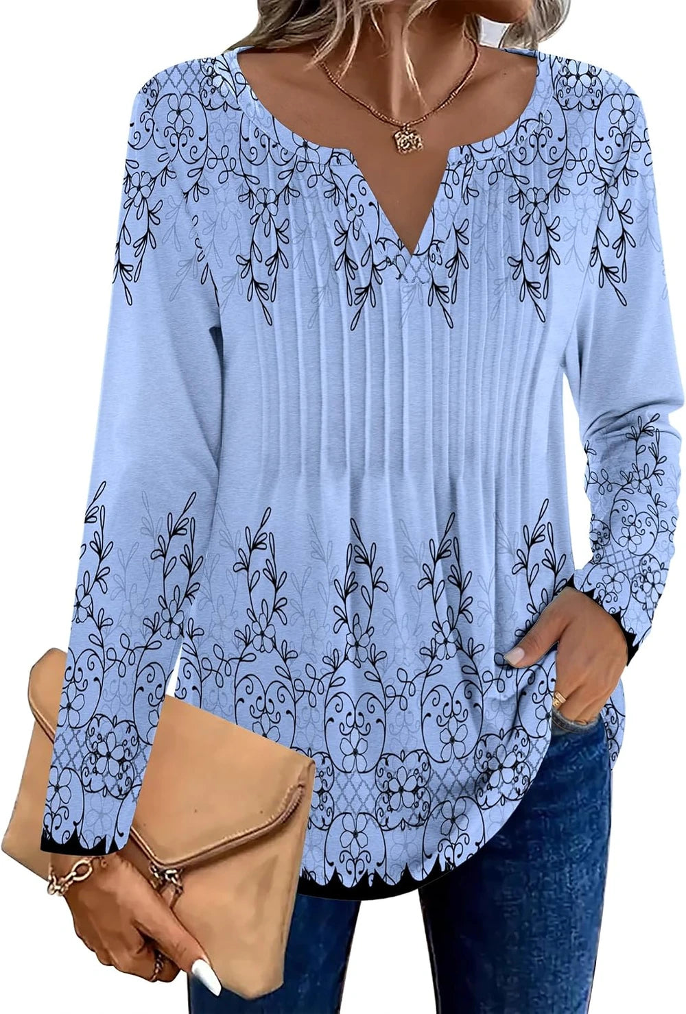 Zeagoo V-Neck Pleated Tunic Blouse
