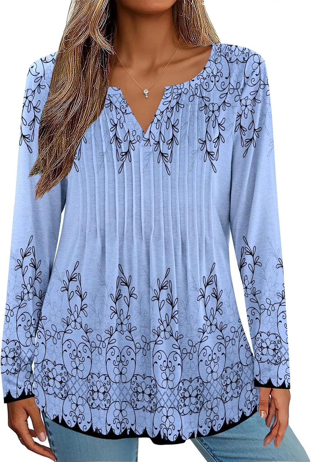 Zeagoo V-Neck Pleated Tunic Blouse
