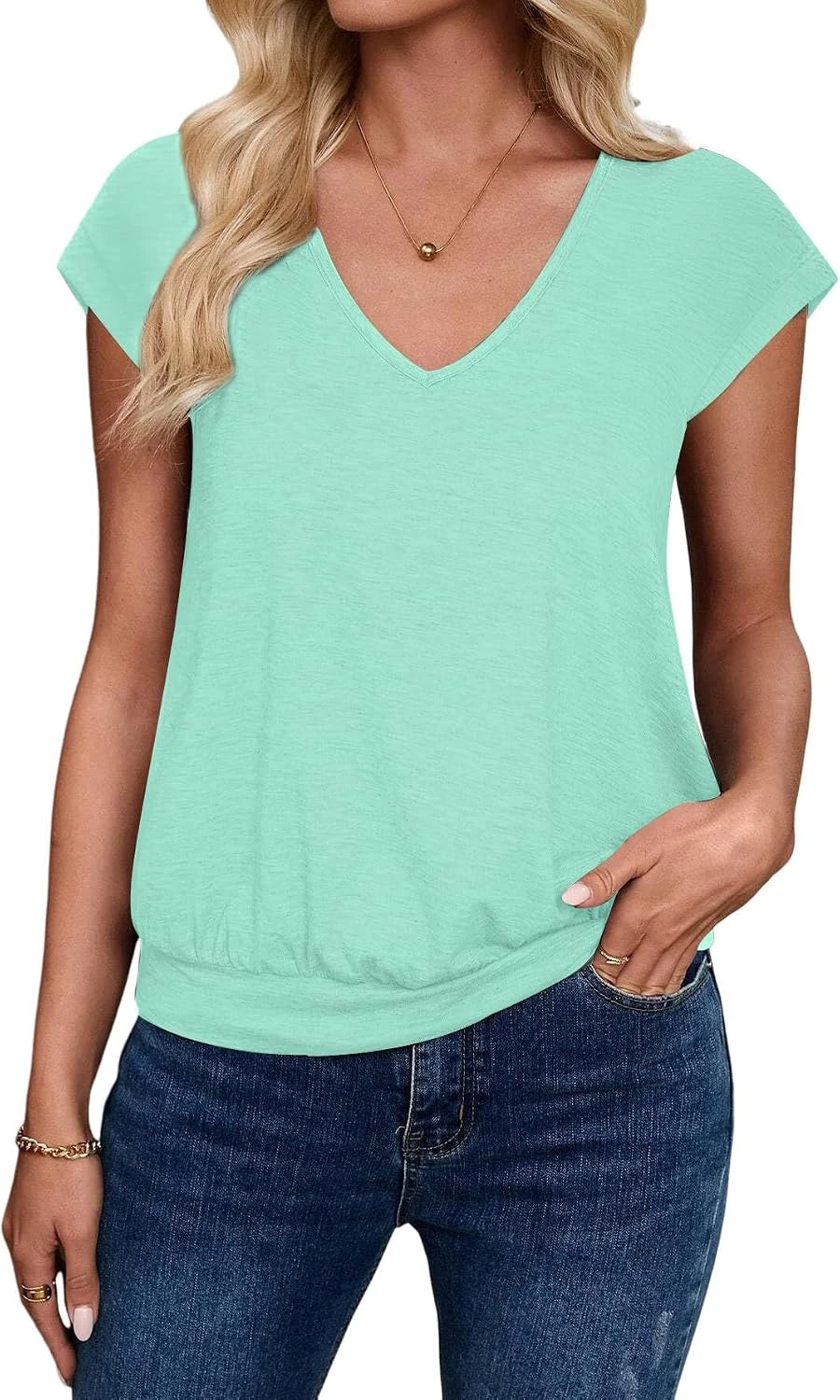 Sialois V Neck Cap Sleeve Blouse