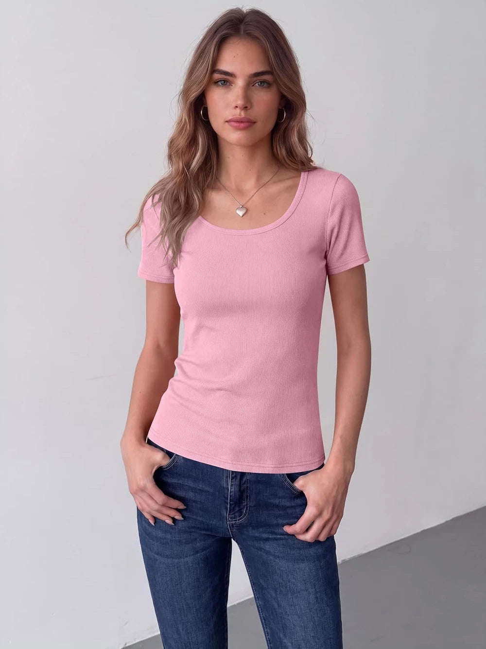 Rib Knit Scoop Neck Short Sleeve Tee