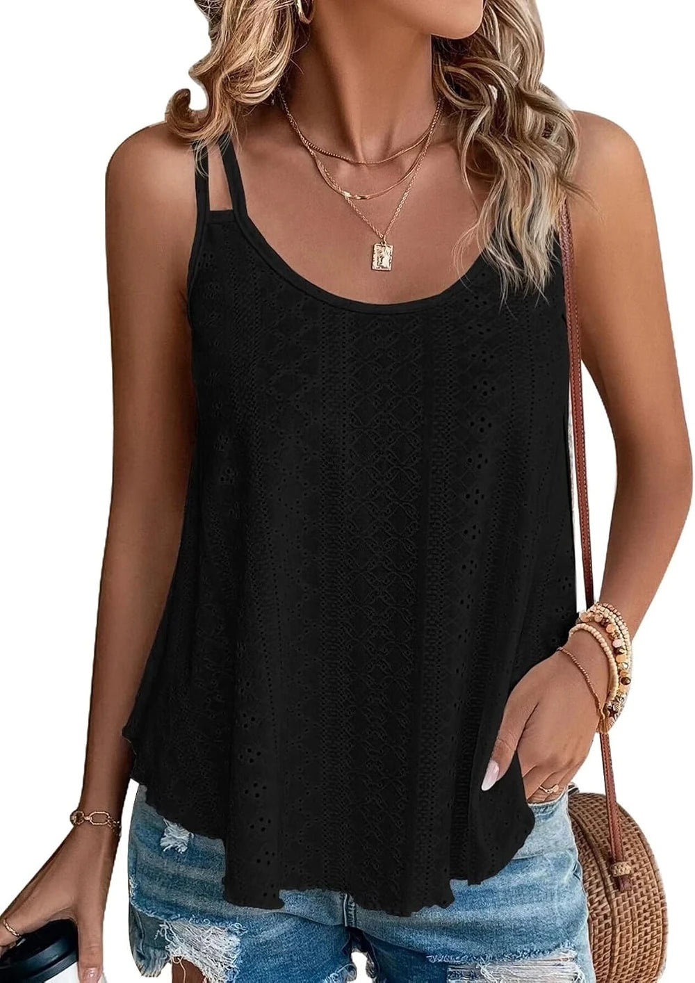 Textured Eyelet Spaghetti Strap Tank Top
